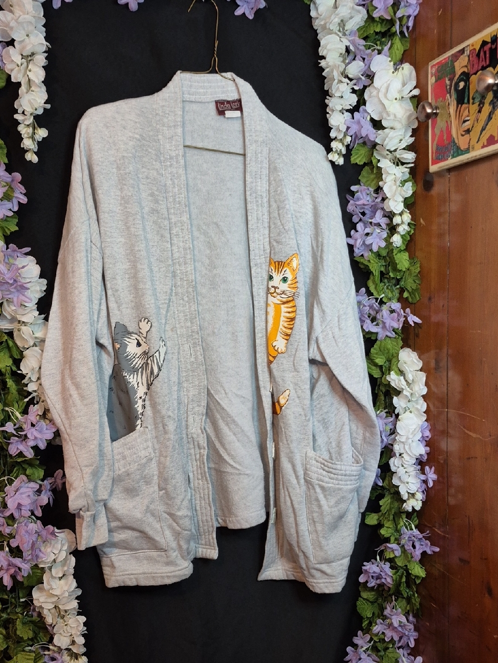 Cat Print Light Gray Cardigan Jacket - Unbranded